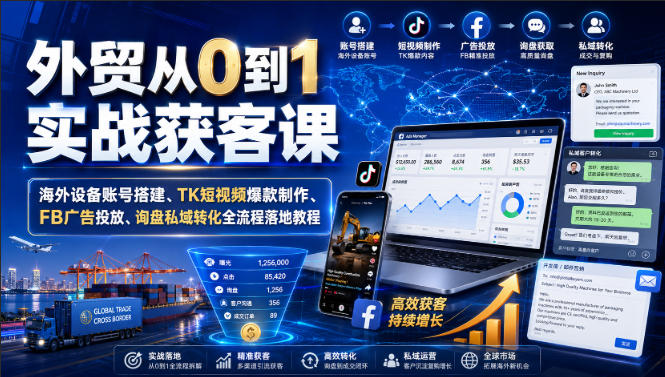 外贸从0到1实战获客课｜海外设备账号搭建、TK短视频爆款制作、FB广告投放、询盘私域转化全流程落地教程-985网创