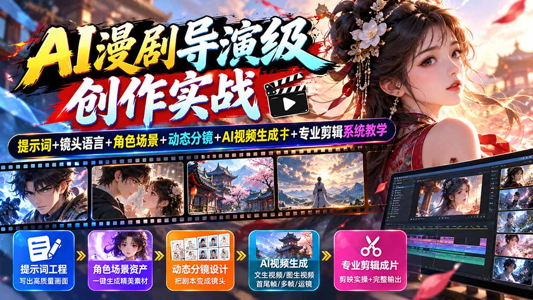 AI漫剧导演级创作实战：提示词+镜头语言+角色场景+动态分镜+AI视频生成+专业剪辑系统教学-985网创