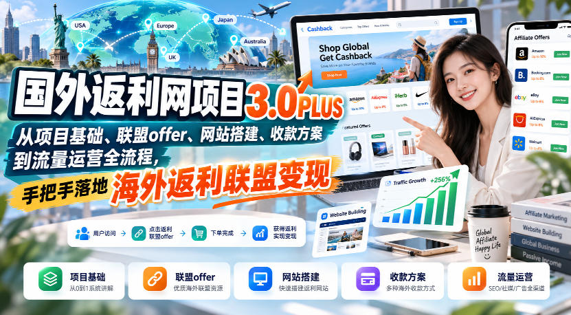 国外返利网项目3.0PLUS，从项目基础、联盟offer、网站搭建、收款方案到流量运营全流程，手把手落地海外返利联盟变现-985网创