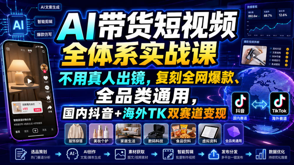 AI带货短视频全体系实战课，不用真人出镜，复刻全网爆款、全品类通用，国内抖音+海外TK双赛道变现-985网创