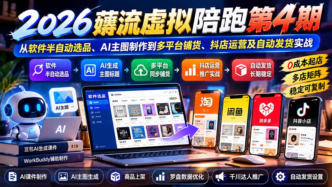 2026薅流虚拟陪跑第4期：从软件半自动选品、AI主图制作到多平台铺货、抖店运营及自动发货实战-985网创