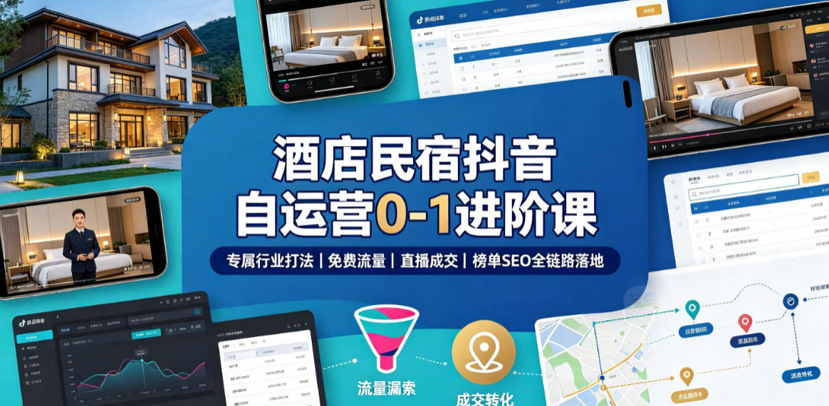 酒店民宿抖音自运营0-1进阶课｜专属行业打法、免费流量+直播成交+榜单SEO全链路落地-985网创