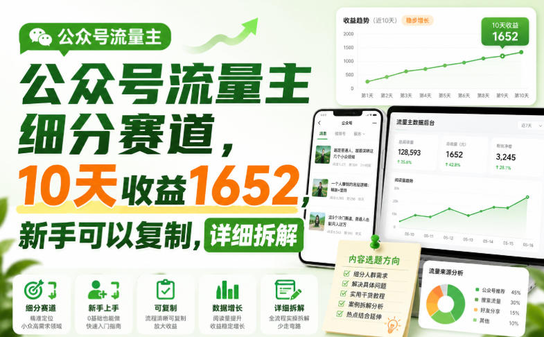 公众号流量主细分赛道，10天收益1652，新手可以复制，详细拆解-985网创