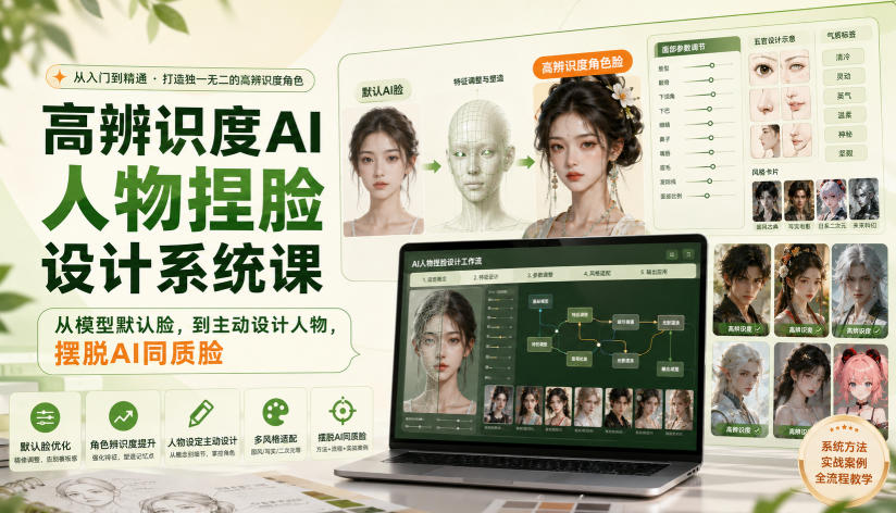 高辨识度AI人物捏脸设计系统课，从模型默认脸，到主动设计人物，摆脱AI同质脸-985网创