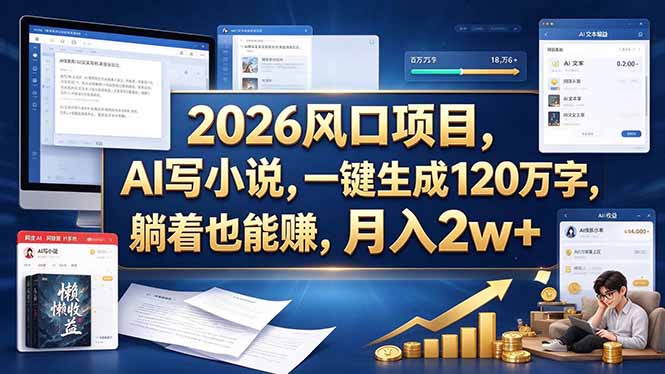 2026 风口项目，AI 写小说，一键生成 120 万字，躺着也能赚，月入 2w +-985网创