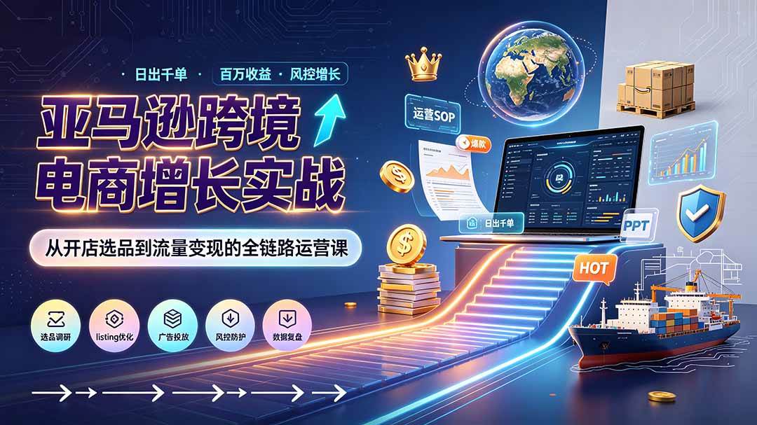 （19308期）亚马逊0-1孵化特训营8期：从注册风控到稳定日出千单实战，规避审核封店风险，标准化执行流程落地-985网创