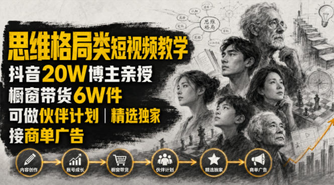 人性思维格局类短视频教学，抖音20W博主亲授，橱窗带货6W件，可做伙伴计划、精选独家、接商单广告-985网创