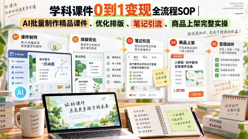 学科课件0到1变现全流程SOP｜AI批量制作精品课件、优化排版、笔记引流、商品上架完整实操​-985网创