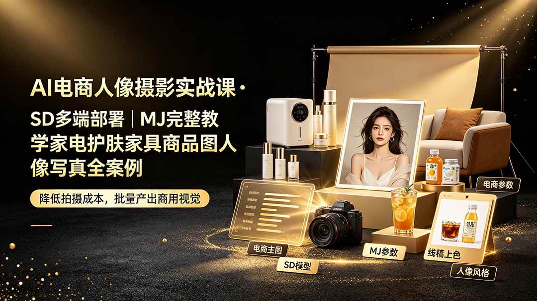 （19262期）AI电商人像摄影实战课·SD多端部署｜MJ完整教学｜家电护肤家具商品图人像写真全案例-985网创
