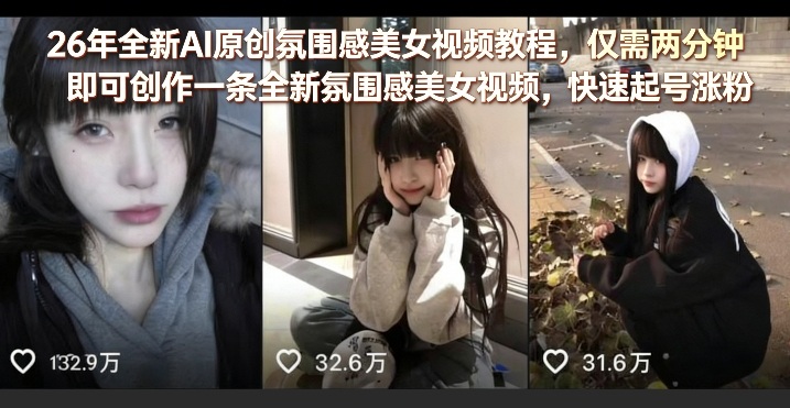 26年全新AI原创氛围感美女视频教程，仅需两分钟即可创作一条全新氛围感美女视频，快速起号涨粉-985网创