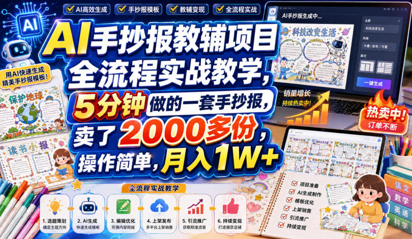 AI手抄报教辅项目全流程实战教学，5分钟做的一套手抄报，卖了2000多份，操作简单，月入1W+-985网创