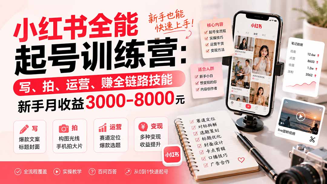 小红书全能起号训练营-更新：写、拍、运营、赚全链路技能，新手月收益3000-8000元-985网创