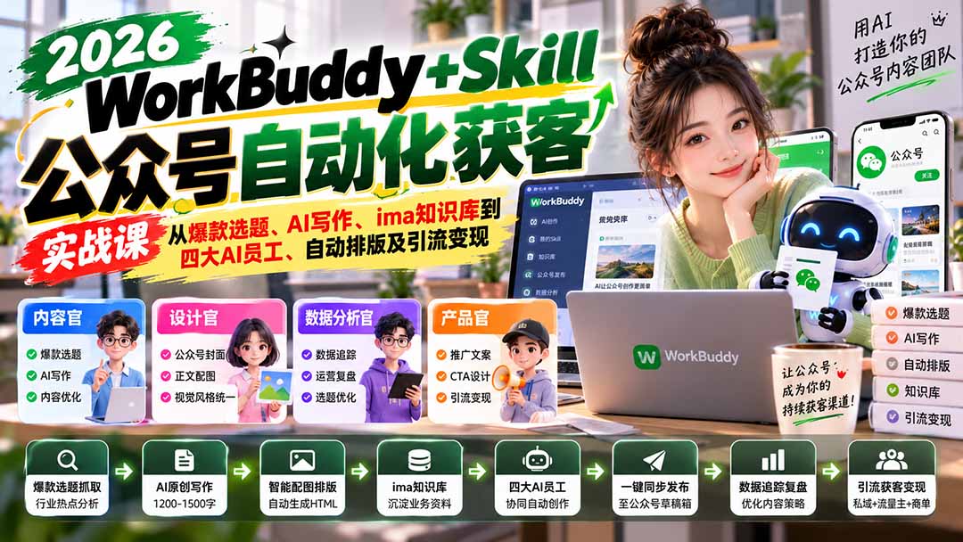 WorkBuddy + Skill公众号自动化获客实战课：从爆款选题、AI写作、ima知识库到四大AI员工、自动排版及引流变现-985网创