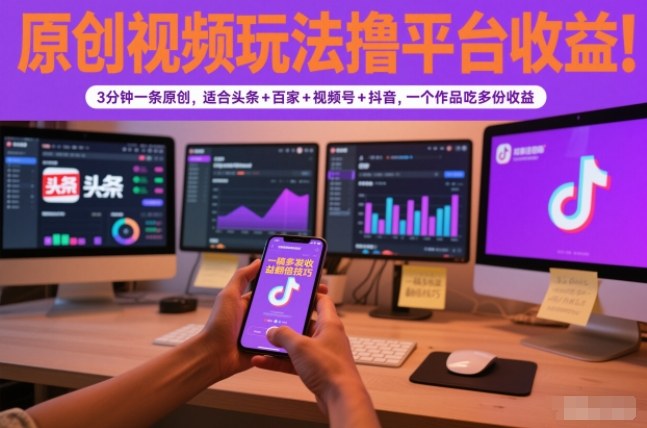 原创视频玩法撸平台收益，3分钟一条原创，适合头条+百家+视频号+抖音，一个作品吃多份收益-985网创