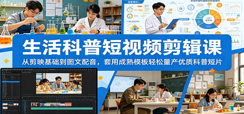生活科普短视频剪辑课：从剪映基础到图文配音，套用成熟模板轻松量产优质科普短片-985网创