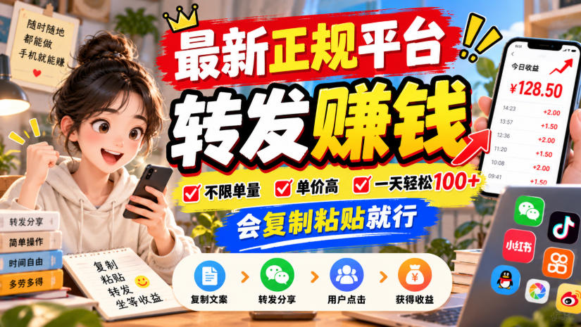 最新正规平台，转发賺钱，不限单量，单价高，一天轻松100+，会复制粘贴就行【揭秘】-985网创