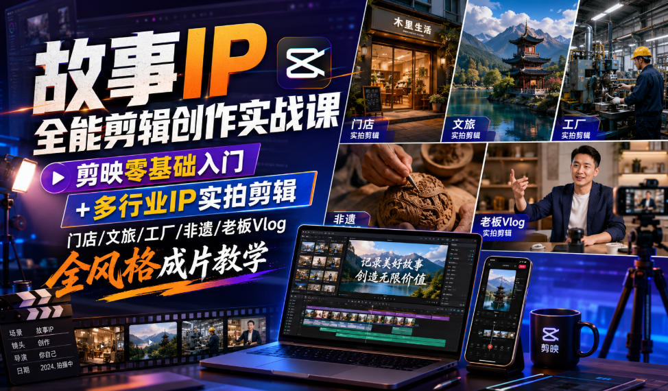 故事IP全能剪辑创作实战课｜剪映零基础入门+多行业IP实拍剪辑，门店/文旅/工厂/非遗/老板Vlog全风格成片教学-985网创