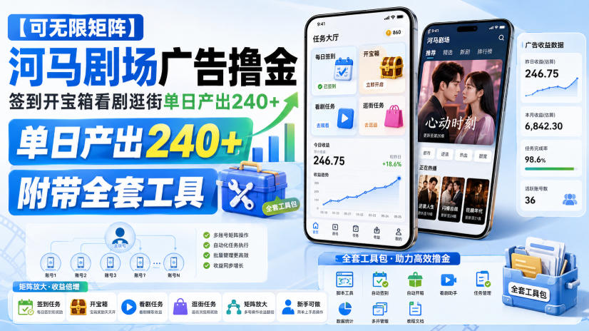 【可无限矩阵】河马剧场广告撸金，签到开宝箱看剧逛街单日产出240+，附带全套工具【揭秘】-985网创