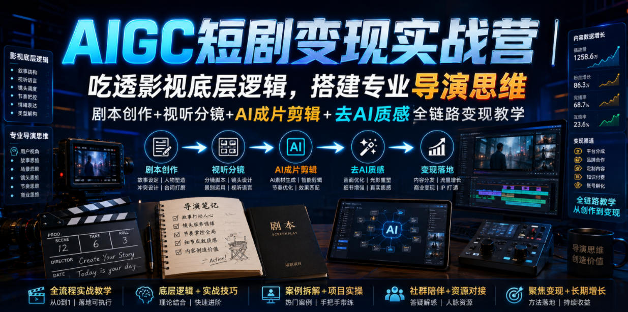 AIGC短剧变现实战营｜吃透影视底层逻辑，搭建专业导演思维，剧本创作+视听分镜+AI成片剪辑+去AI质感全链路变现教学-985网创