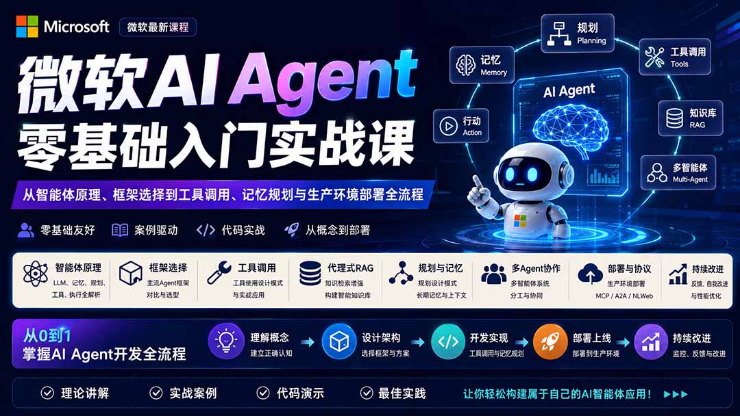 微软AI Agent零基础入门实战课：从智能体原理、框架选择到工具调用、记忆规划与生产环境部署全流程-985网创