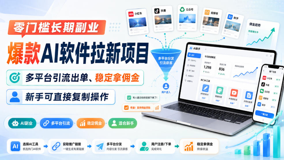 零门槛长期副业，爆款AI软件拉新项目，多平台引流出单、稳定拿佣金，新手可直接复制操作-985网创