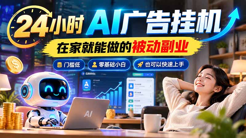 24小时AI广告挂机｜在家就能做的被动副业，门槛低，零基础小白也可以快速上手-985网创