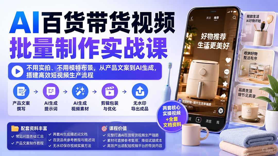 AI百货带货视频批量制作实战课：不用实拍、不用模特布景，从产品文案到AI生成，搭建高效短视频生产流程-985网创