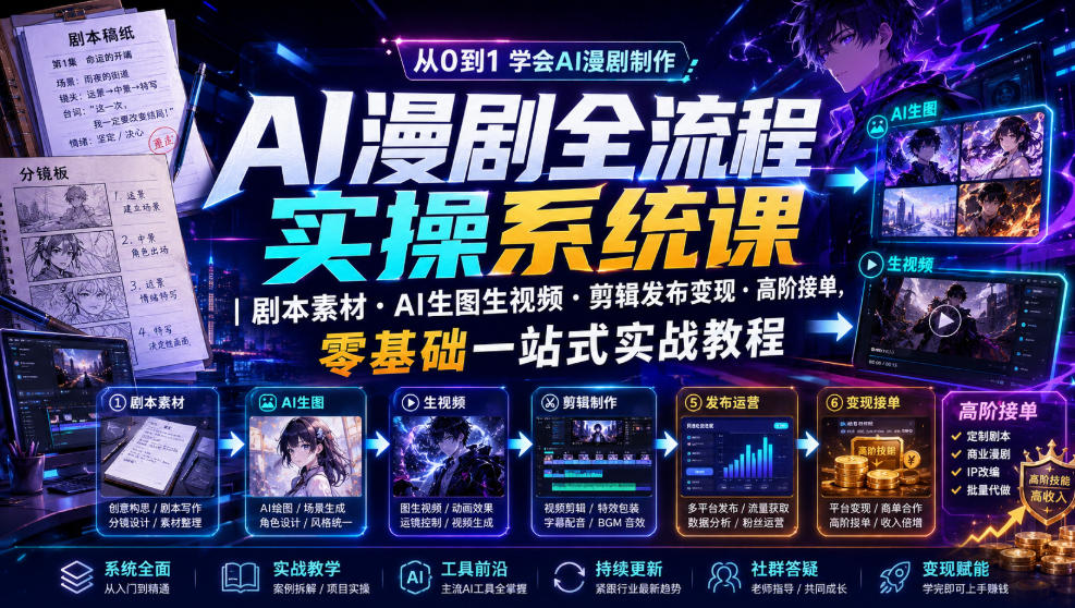 AI漫剧全流程实操系统课｜剧本素材・AI生图生视频・剪辑发布变现・高阶接单，零基础一站式实战教程-985网创