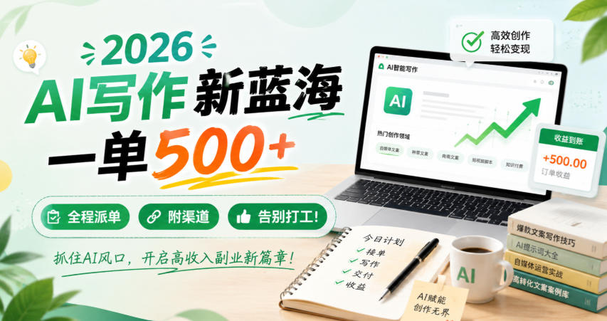 2026 AI写作新蓝海，一单500+，全程派单，附渠道，告别打工！【揭秘】-985网创