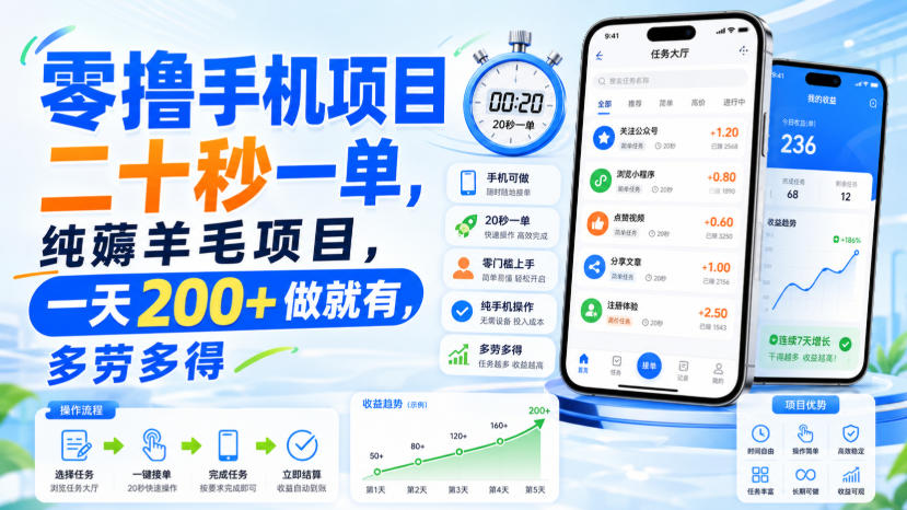 零撸手机项目，二十秒一单，纯薅羊毛项目，一天200+做就有，多劳多得【揭秘】-985网创