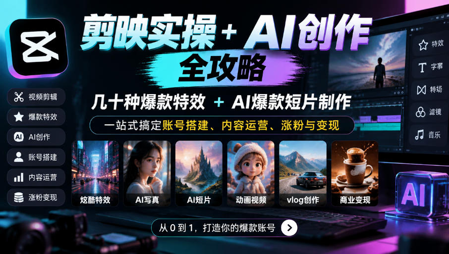 剪映实操+AI创作全攻略｜几十种爆款特效+AI爆款短片制作，一站式搞定账号搭建、内容运营、涨粉与变现-985网创