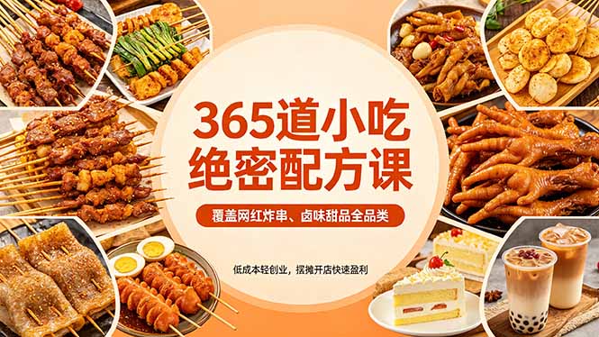 365道小吃绝密配方课：覆盖网红炸串、卤味甜品全品类，低成本轻创业，摆摊开店快速盈利-985网创
