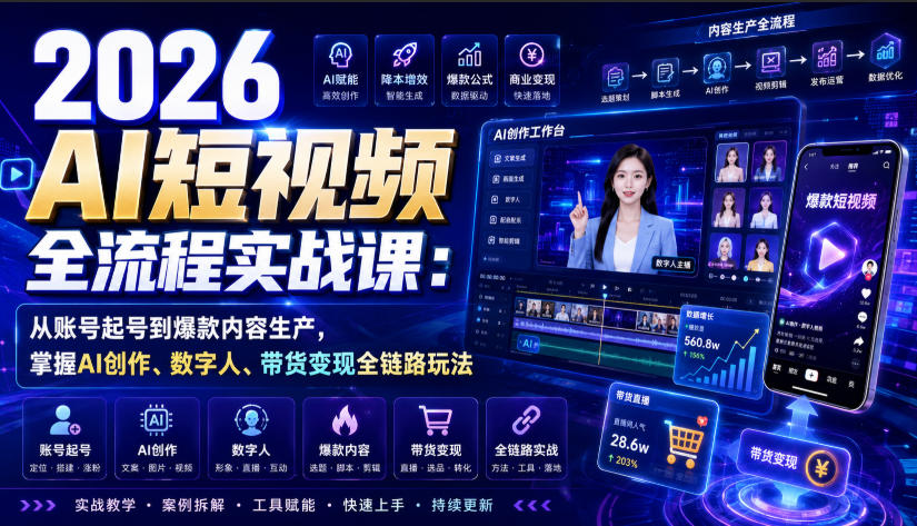 2026 AI短视频全流程实战课：从账号起号到爆款内容生产，掌握AI创作、数字人、带货变现全链路玩法-985网创