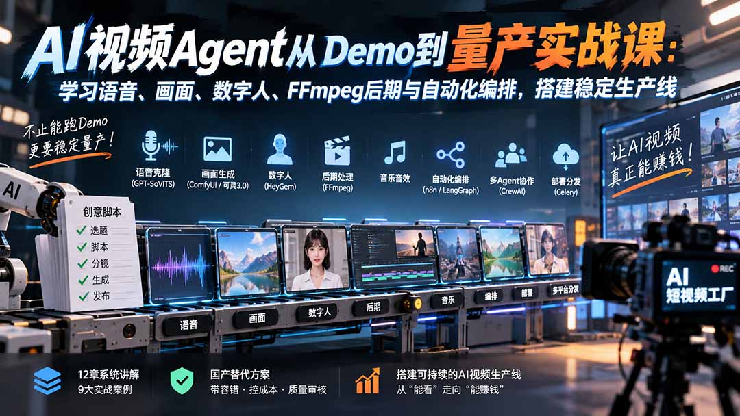 AI视频Agent从Demo到量产实战课：学习语音、画面、数字人、FFmpeg后期与自动化编排，搭建稳定生产线-985网创