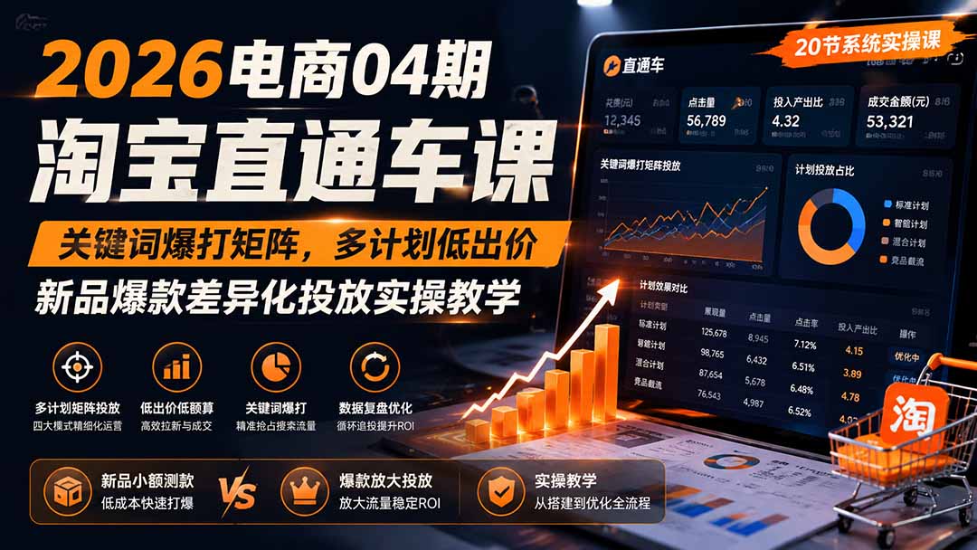 2026电商04期淘宝直通车课｜关键词爆打矩阵，多计划低出价，新品爆款差异化投放实操教学-985网创