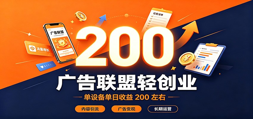 广告联盟轻创业，单设备单日收益200左右，内容引流广告变现长期运营-985网创