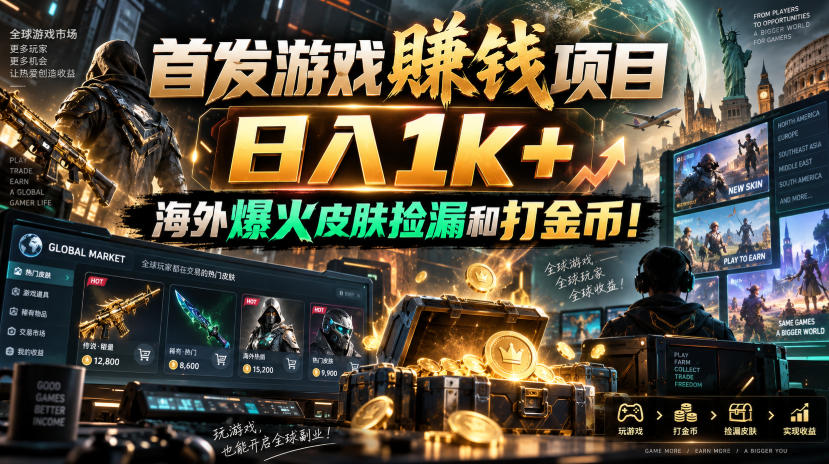 首发游戏賺钱项目，日入1k+，海外爆火皮肤捡漏和打金币！【揭秘】-985网创