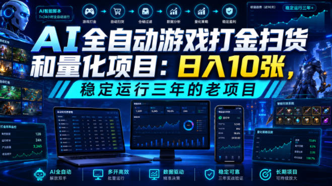 AI全自动游戏打金扫货和量化项目：日入10张，稳定运行三年的老项目！【揭秘】-985网创