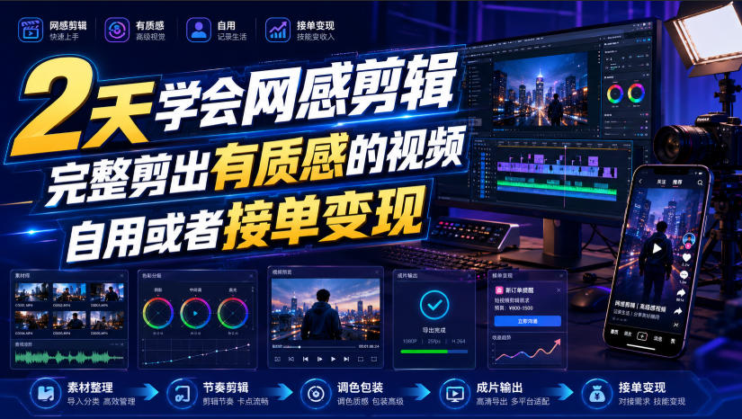 2天学会网感剪辑，完整剪出有质感的视频，自用或者接单变现-985网创