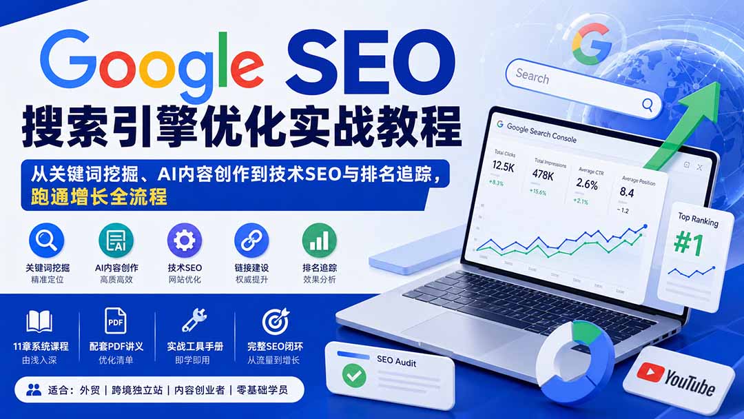 Google SEO搜索引擎优化实战教程：从关键词挖掘、AI内容创作到技术SEO与排名追踪，跑通增长全流程-985网创