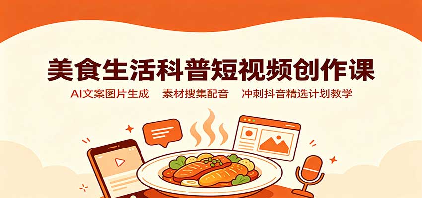 美食生活科普短视频创作课：AI文案图片生成，素材搜集配音，冲刺抖音精选计划教学-985网创