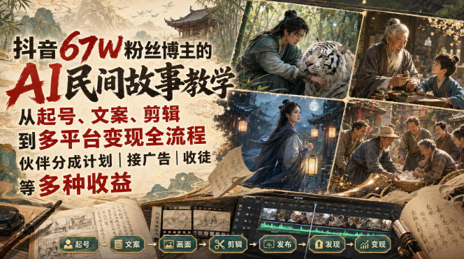 抖音67W粉丝博主的AI民间故事教学，从起号、文案、剪辑到多平台变现全流程，伙伴分成计划接广告等多种收益，月入1W+-985网创
