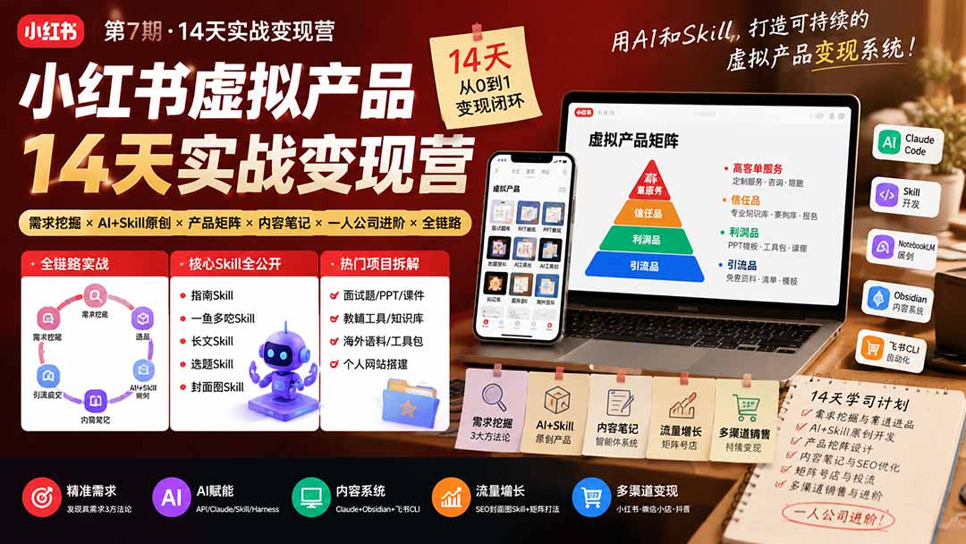 小红书虚拟产品14天实战变现营-第7期：需求挖掘×AI+Skill原创×产品矩阵×内容笔记×一人公司进阶×全链路-985网创