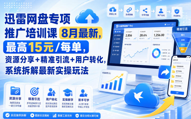 迅雷网盘专项推广培训课9月最新，最高15米/每单，资源分享+精准引流+用户转化，系统拆解最新实操玩法(更新0930)-985网创
