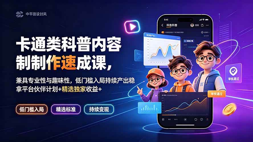 （19234期）卡通类科普内容制作速成课，兼具专业性与趣味性，低门槛入局持续产出稳拿平台伙伴计划+精选独家收益-985网创