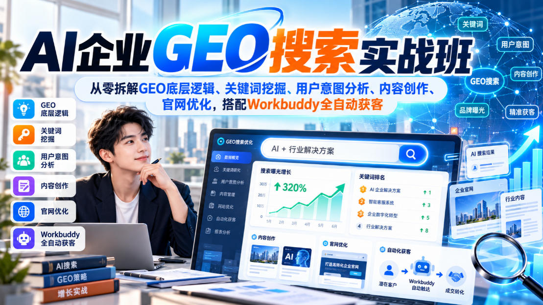AI企业GEO搜索实战班，从零拆解GEO底层逻辑、关键词挖掘、用户意图分析、内容创作、官网优化，搭配Workbuddy全自动获客-985网创