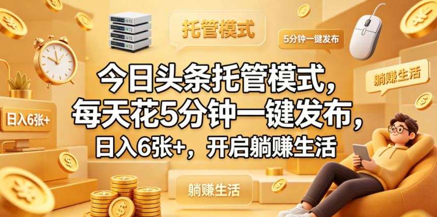 今日头条托管模式，每天花5分钟一键发布，日入6张+，开启躺賺生活【揭秘】-985网创