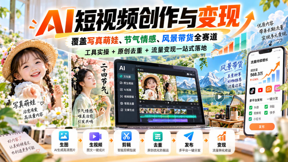 AI短视频创作与变现，覆盖写真萌娃、节气情感、风景带货全赛道，工具实操+原创去重+流量变现一站式落地-985网创