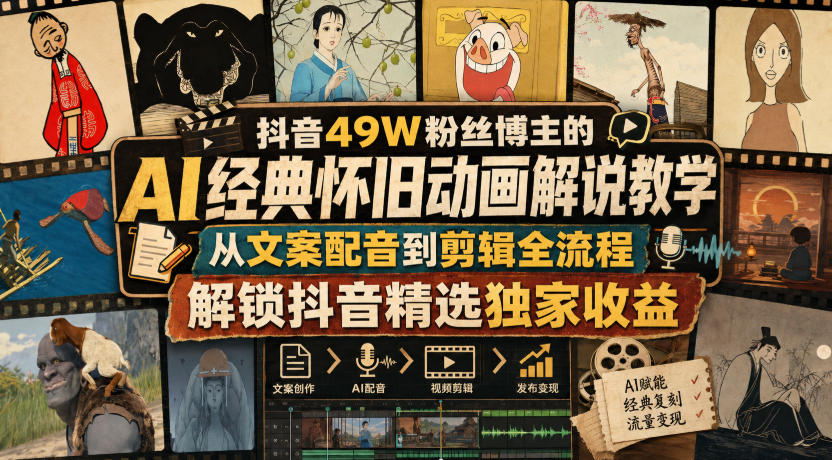 抖音49W粉丝博主的AI经典怀旧动画解说教学，从文案配音到剪辑全流程，解锁抖音精选独家收益-985网创