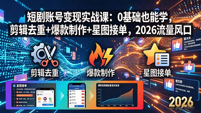 短剧账号变现实战课：0基础也能学，剪辑去重+爆款制作+星图接单，2026流量风口-985网创